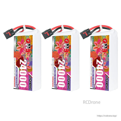 Three GNB 24000mAh LiPo battery packs lineup, front label view with QS8 connectors