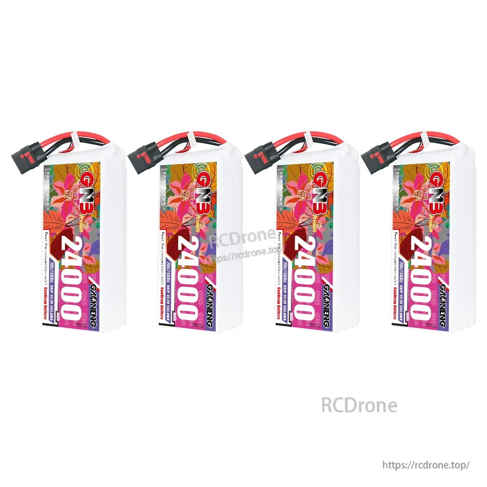 Four GNB 24000mAh LiPo battery packs lineup, front label view with QS8 connectors