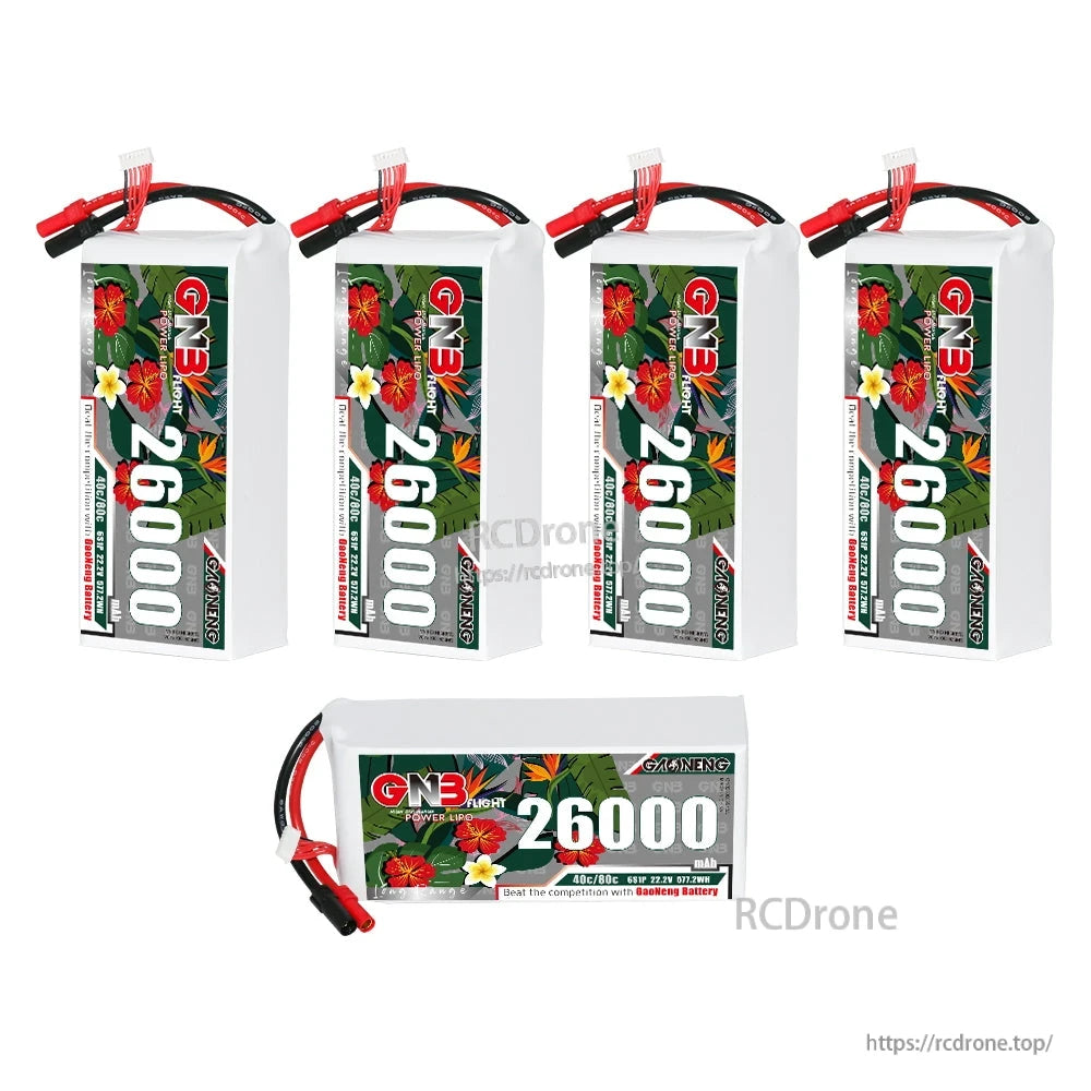 Five GNB 26000mAh LiPo batteries shown (four upright, one horizontal) for quantity comparison