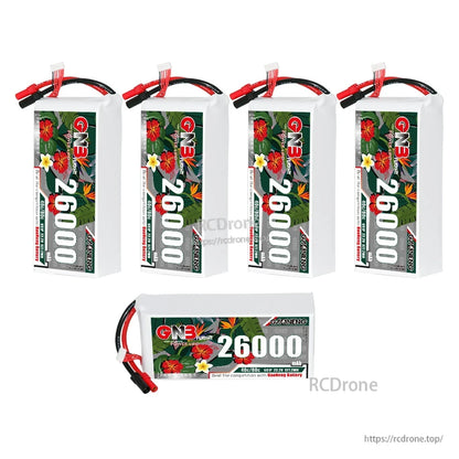 Five GNB 26000mAh LiPo batteries shown (four upright, one horizontal) for quantity comparison