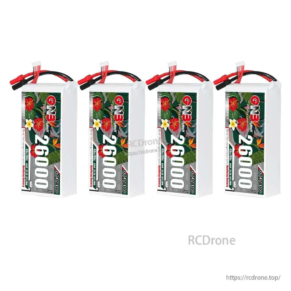 Four GNB 26000mAh LiPo batteries displayed together, upright label-facing view