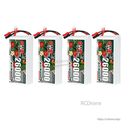 Four GNB 26000mAh LiPo batteries displayed together, upright label-facing view