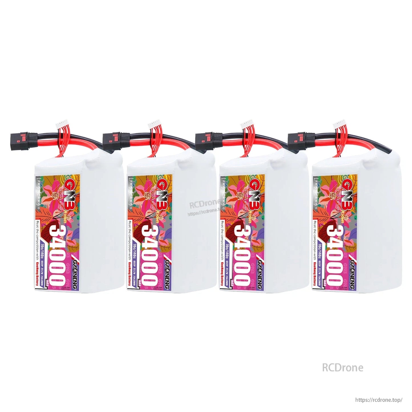 Four GNB 34000mAh battery packs lineup showing QS8 connectors and balance leads