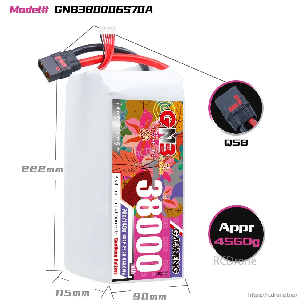 Battery dimensions diagram showing approx 222×115×90 mm with QS8 plug close-up and 4560g note