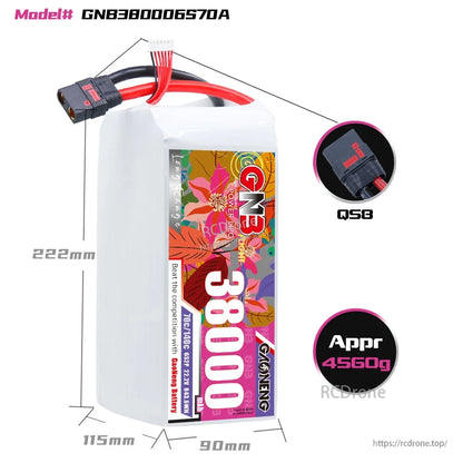 Battery dimensions diagram showing approx 222×115×90 mm with QS8 plug close-up and 4560g note