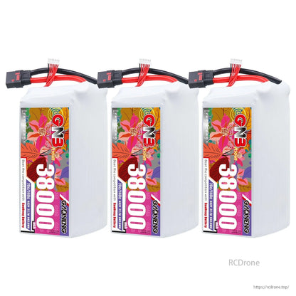 Three battery packs lineup showing label side and top-mounted QS8 discharge connectors