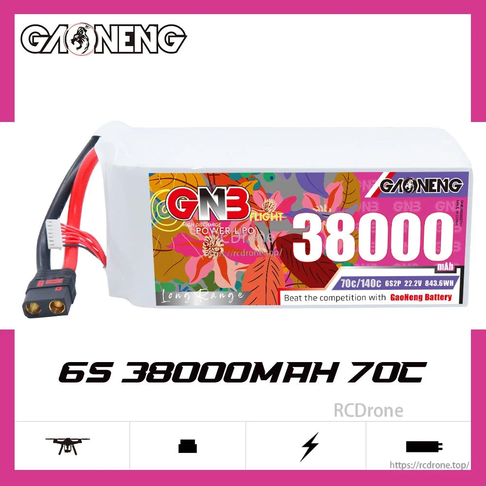 GAONENG GNB 6S 38000mAh 70C LiPo battery label graphic with QS8 connector shown