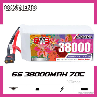 GAONENG GNB 6S 38000mAh 70C LiPo battery label graphic with QS8 connector shown
