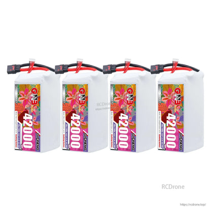 Four GNB 42000 LiPo battery packs arranged in a row with QS8 connectors