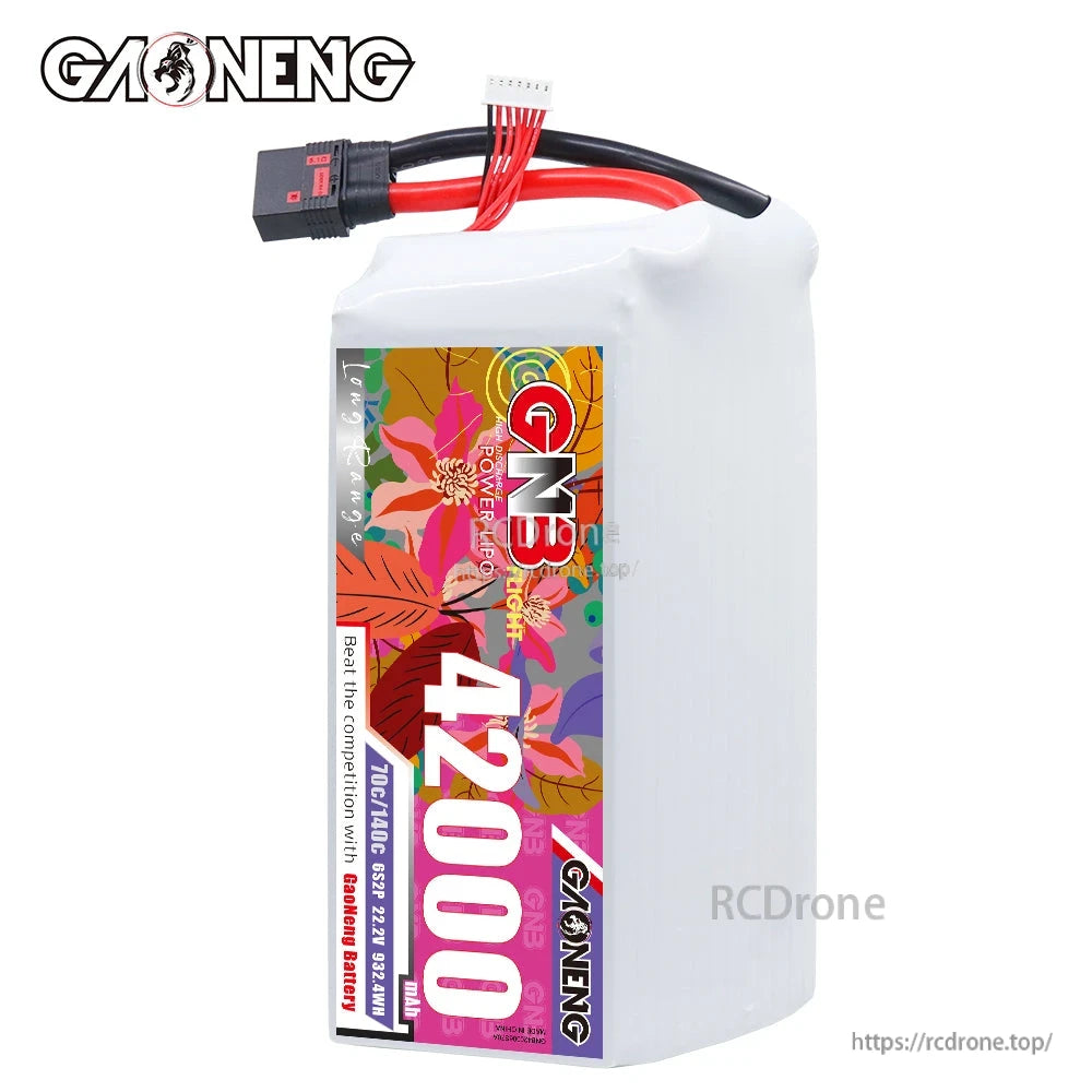Upright view of GNB 42000 LiPo pack showing front label and attached power leads