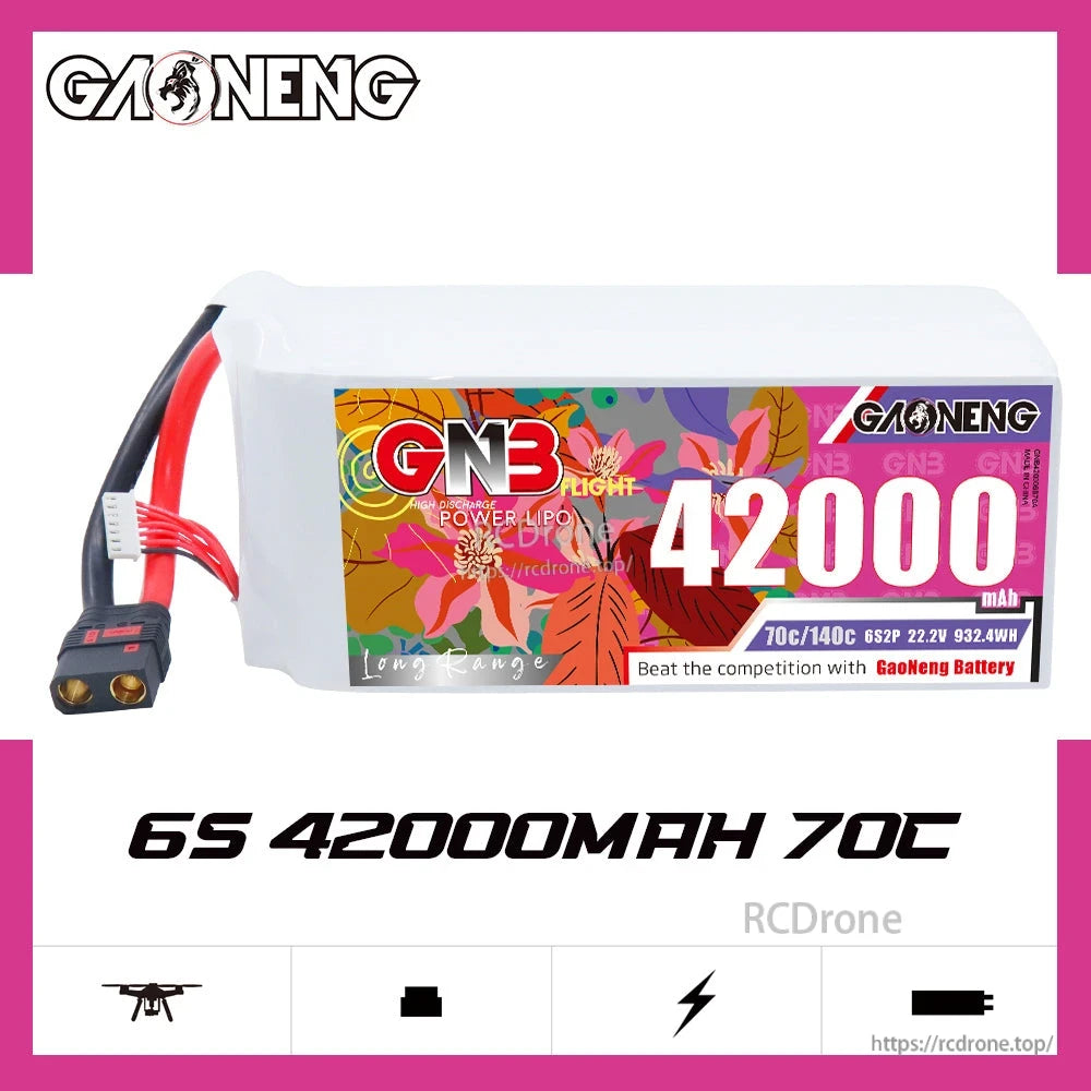 GAONENG GNB 6S 42000mAh 70C LiPo battery pack side profile on white background