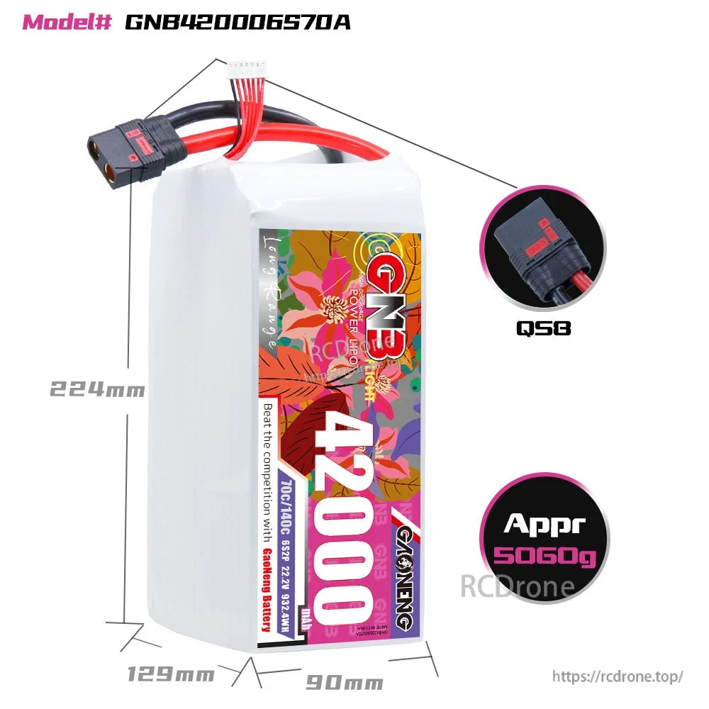 Battery dimensions diagram with QS8 connector close-up for GNB420006S70A LiPo pack