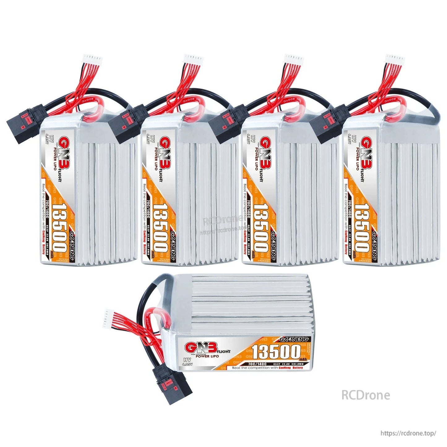 Set display of GNB 13500mAh HV LiPo packs: four standing plus one horizontal pack view