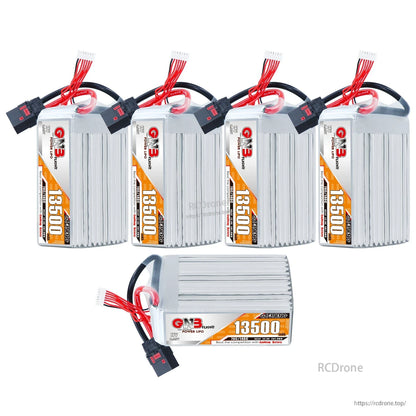 Set display of GNB 13500mAh HV LiPo packs: four standing plus one horizontal pack view