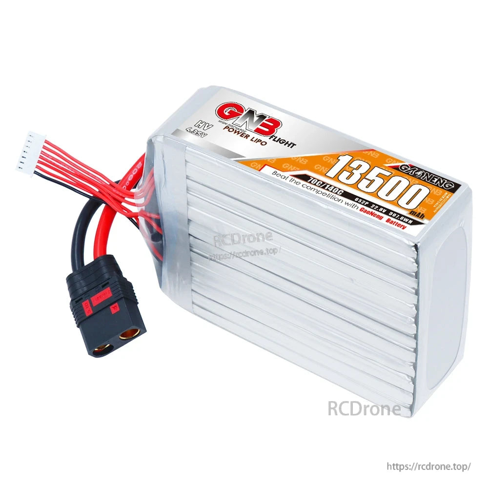 Side view of silver GNB 13500mAh HV LiPo battery pack with QS8 plug and balance lead