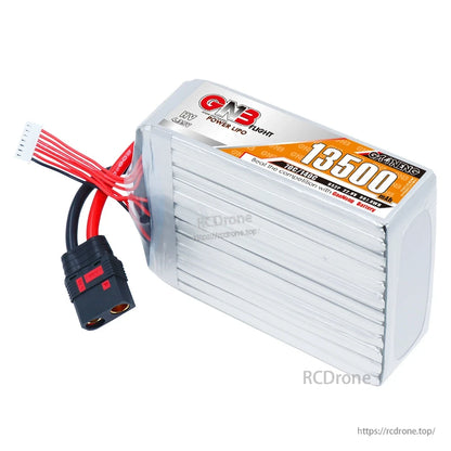 Side view of silver GNB 13500mAh HV LiPo battery pack with QS8 plug and balance lead