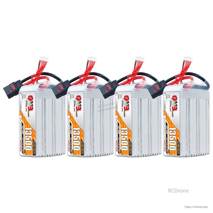 Four GNB 13500mAh HV LiPo battery packs lineup with QS8 connectors and balance leads