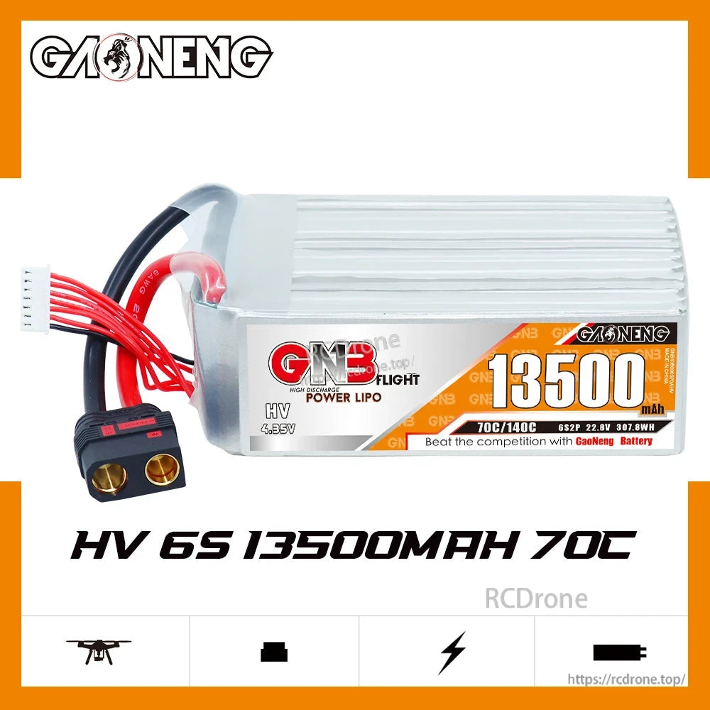GAONENG GNB 6S 13500mAh 70C HV LiPo battery label view with QS8 discharge connector