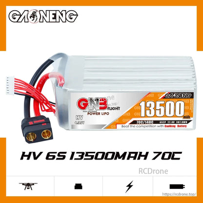GAONENG GNB 6S 13500mAh 70C HV LiPo battery label view with QS8 discharge connector