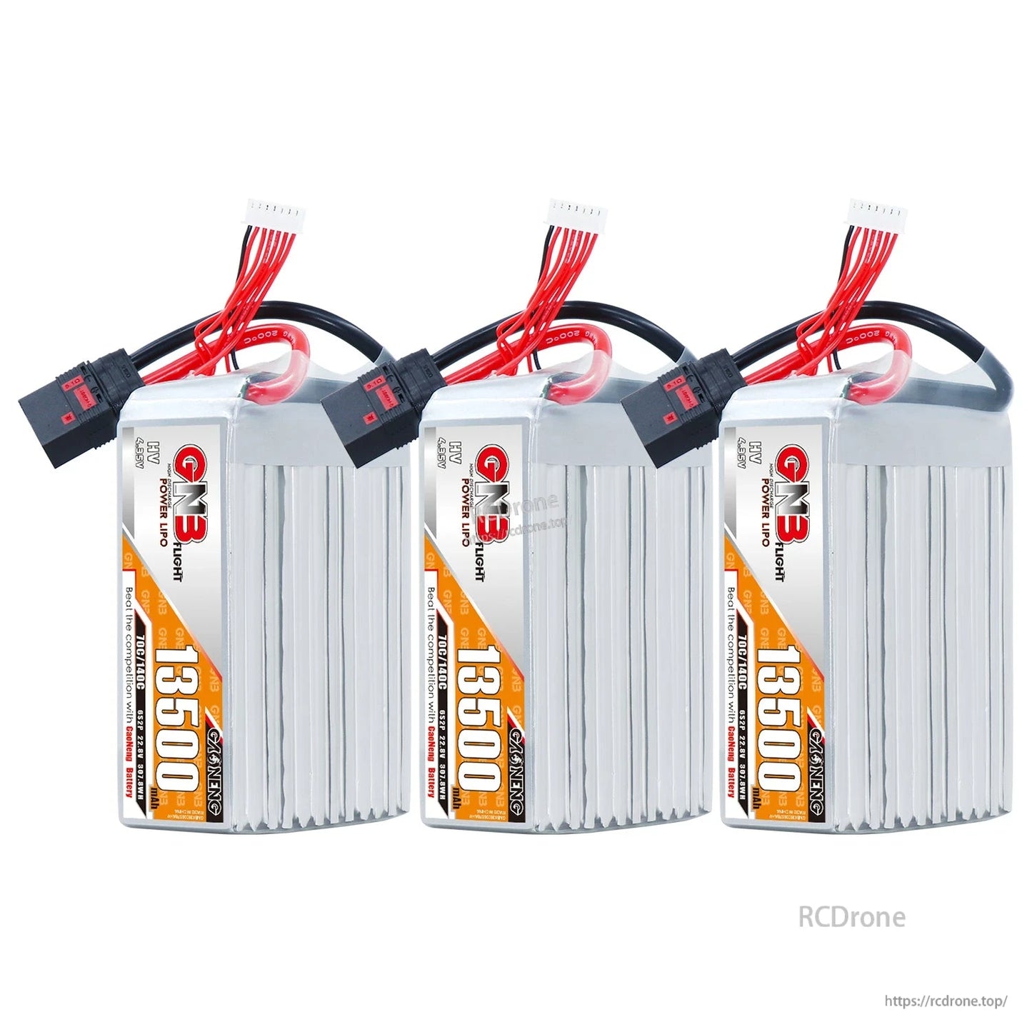 Three GNB 13500mAh HV LiPo battery packs lineup showing front labels and QS8 connectors