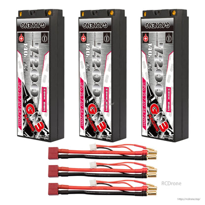 Three GNB 7200mAh hard case LiPo batteries with three T-plug style lead sets and bullet connectors