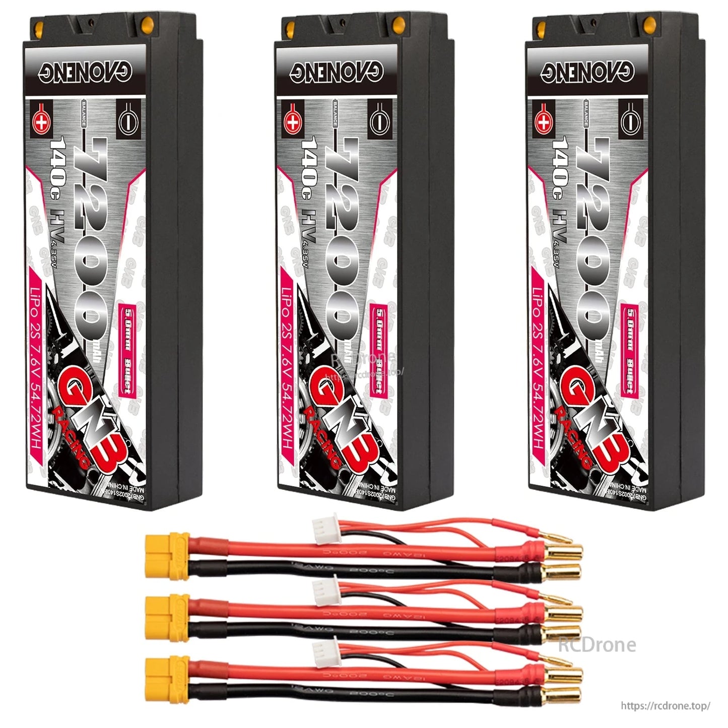 Three GNB 7200mAh hard case LiPo batteries with three lead sets and yellow connectors