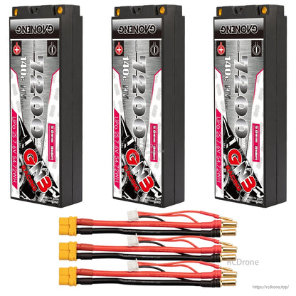 Three GNB 7200mAh hard case LiPo batteries with three lead sets and yellow connectors