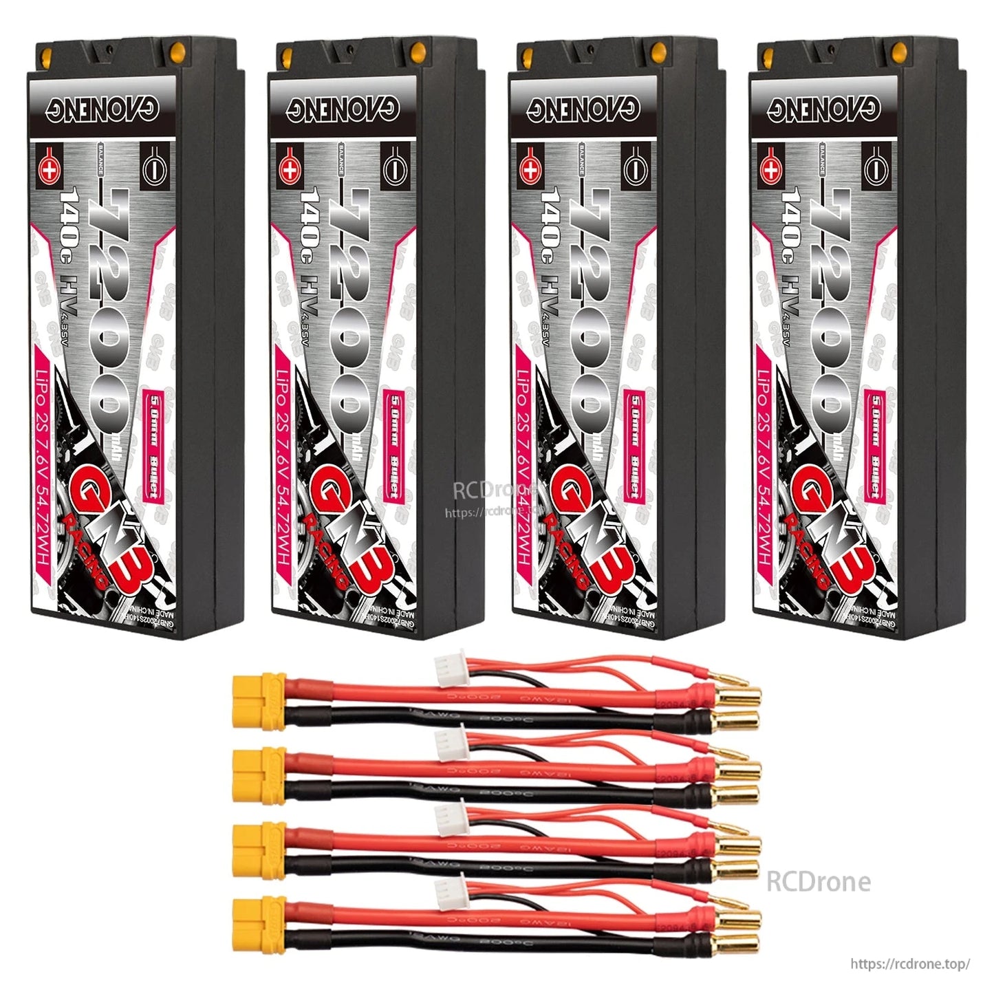 Four GNB 7200mAh hard case LiPo batteries with four lead sets and yellow connectors