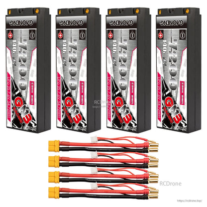 Four GNB 7200mAh hard case LiPo batteries with four lead sets and yellow connectors