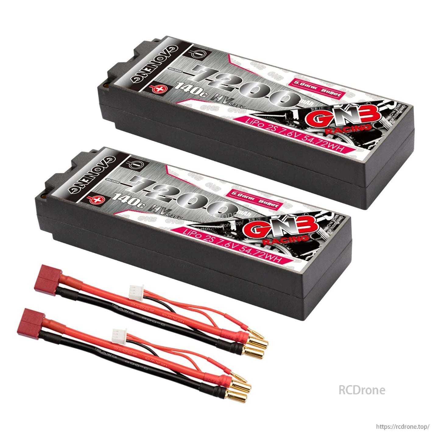 Two GNB 7200mAh hard case LiPo batteries with two T-plug style leads and 5mm bullet ends