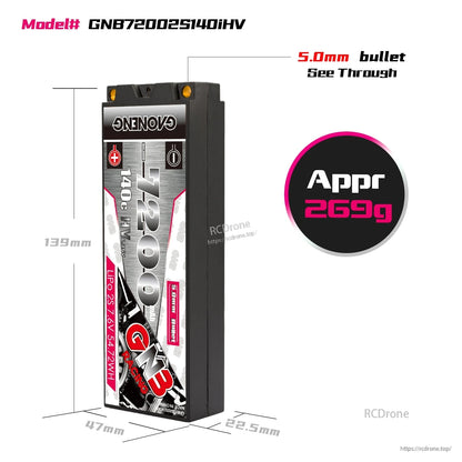 Battery size and weight diagram for GNB72002S140HV, 139mm length, approx 269g, 5.0mm bullets