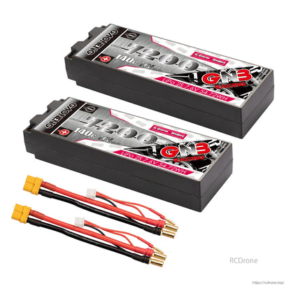 Two GNB 7200mAh hard case LiPo batteries with two lead sets, yellow connector and 5mm bullet ends