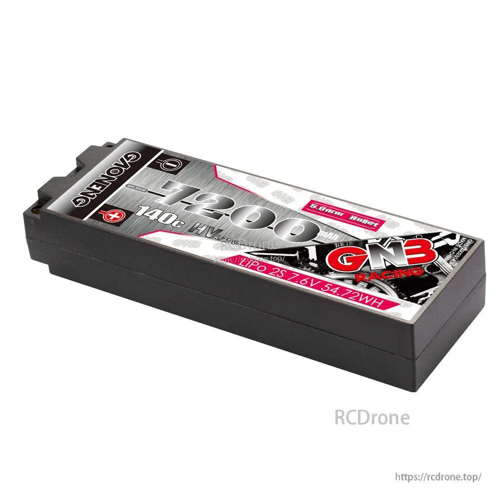 Angled top view of GNB 7200mAh hard case LiPo pack highlighting low-profile LCG case shape