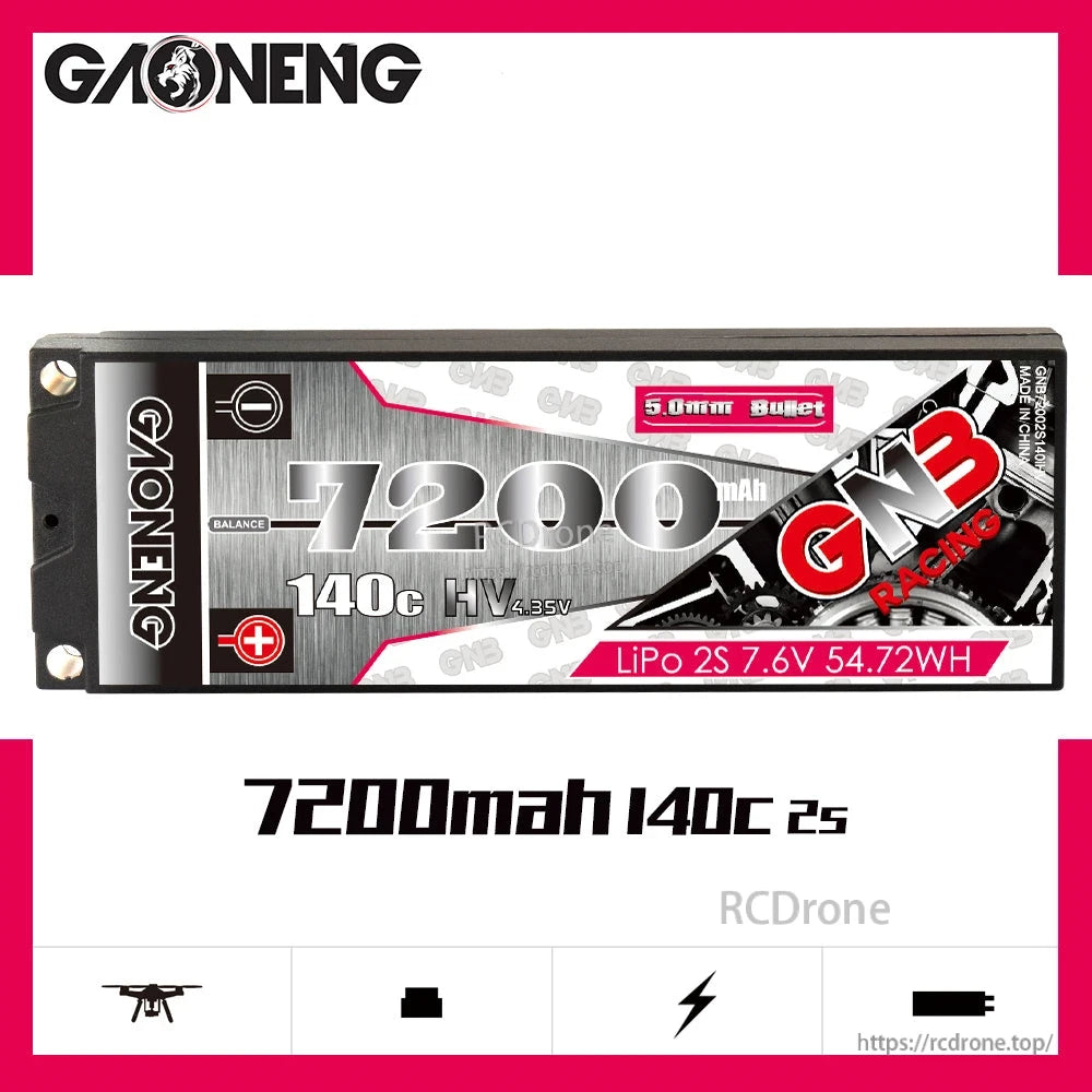 GAONENG GNB 7200mAh 140C 2S LiHV battery banner graphic with front label and RCdrone icons
