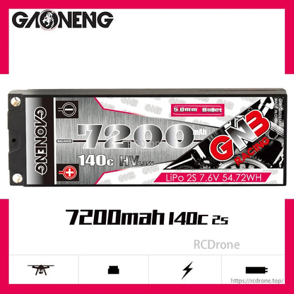 GAONENG GNB 7200mAh 140C 2S LiHV battery banner graphic with front label and RCdrone icons