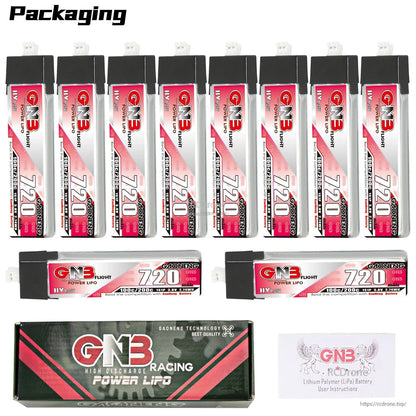 Bundle layout with multiple GNB 720 HV batteries (upright and side view), retail box, and instructions card