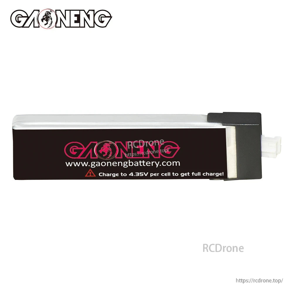 Side view showing gaonengbattery.com print and warning: charge to 4.35V per cell for full charge