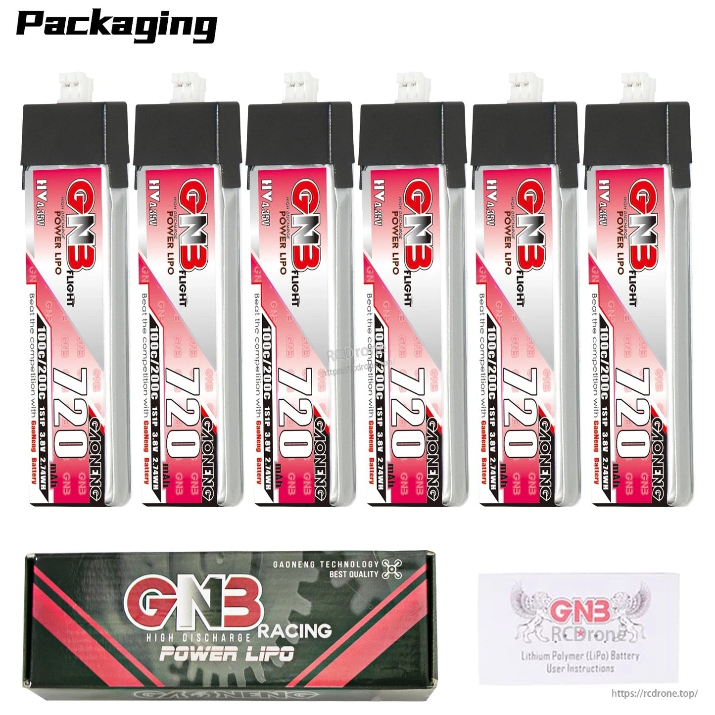 Packaging contents: multipack of GNB 720 HV batteries shown with GNB Racing Power LiPo box and manual