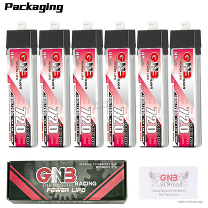 Packaging contents: multipack of GNB 720 HV batteries shown with GNB Racing Power LiPo box and manual