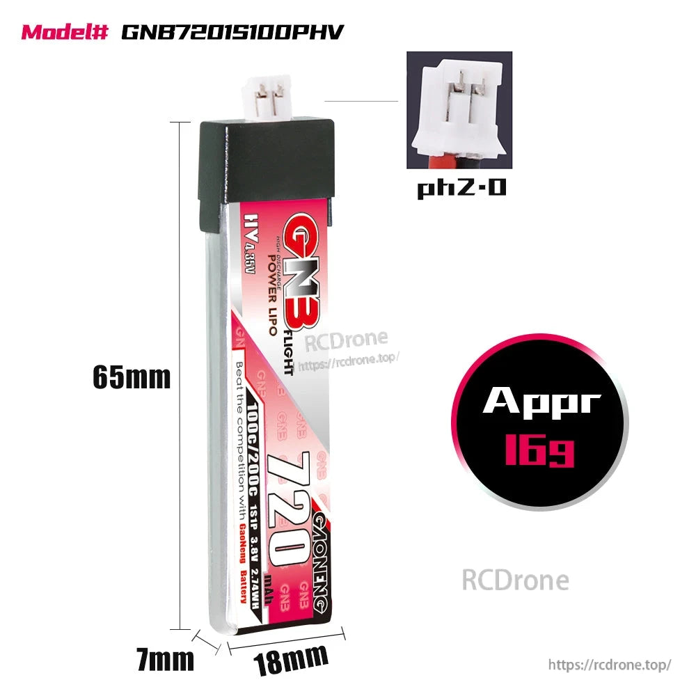 GAONENG GNB 720mAh 1S LiHV battery dimensions diagram 65 x 18 x 7mm with PH2.0 plug shown