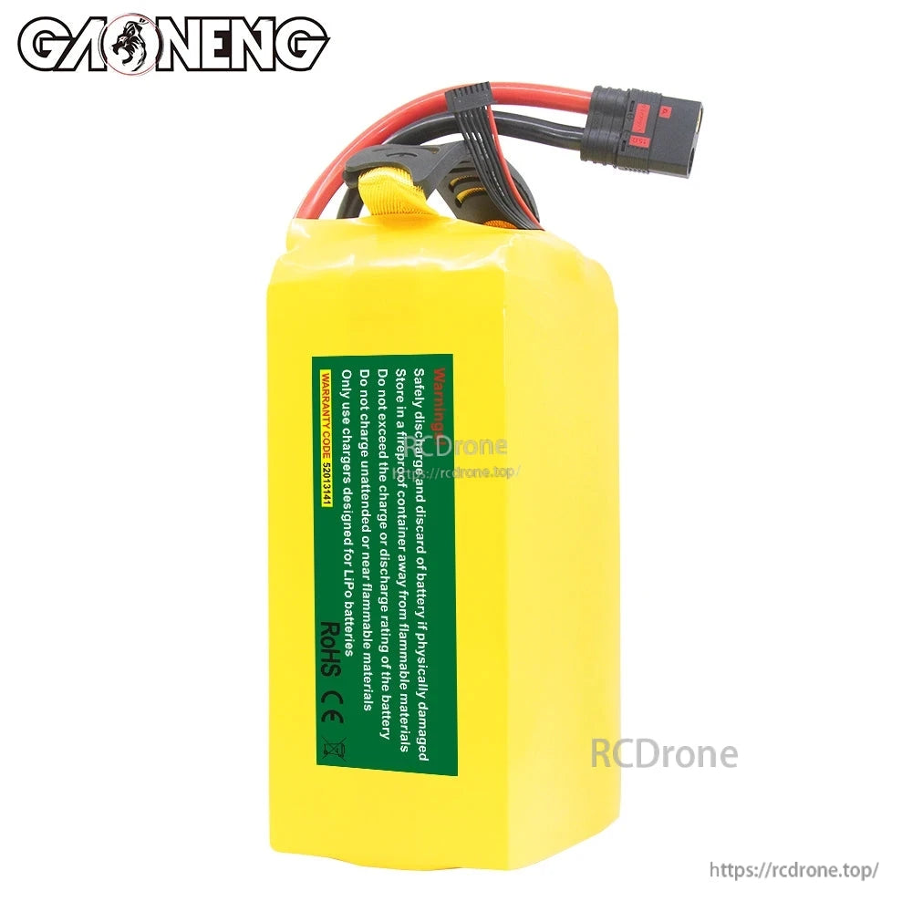 Rear safety label view of GAONENG battery pack with RoHS and CE marks on green sticker