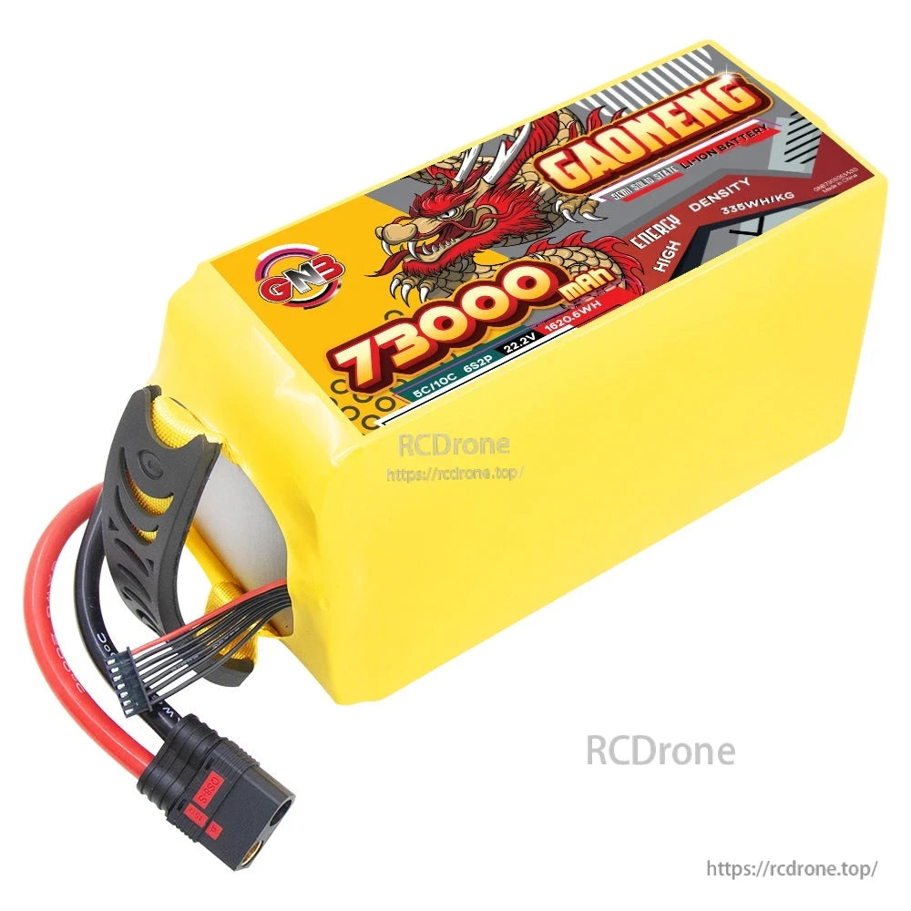 Angled top view of GAONENG 73000mAh pack showing thick power leads and balance connector