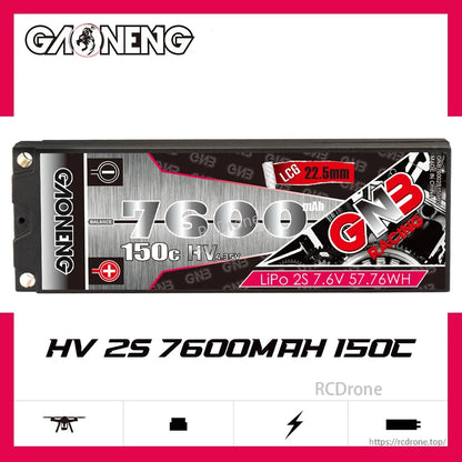 GAONENG GNB 7600mAh HV 2S 150C battery label graphic showing LiPo 2S 7.6V 57.76Wh
