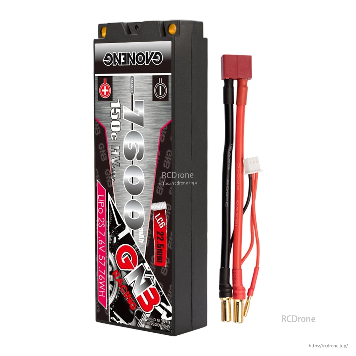 GNB hard case battery with red plug lead plus balance connector, lead ends in 5mm bullet connectors