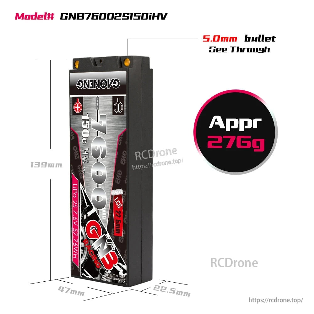 Battery dimension and weight chart: GNB76002S150HV, 139×47×22.5mm, approx 276g, 5.0mm bullet