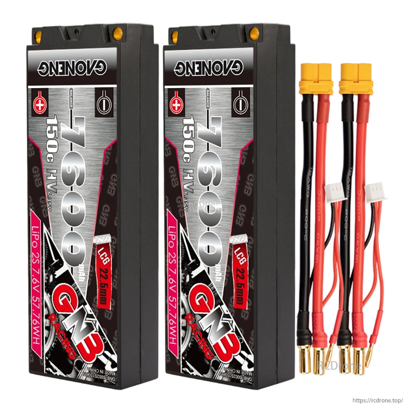 Two-pack view: two GNB hard case 2S LiHV batteries with two yellow plug leads ending in 5mm bullets