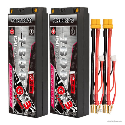 Two-pack view: two GNB hard case 2S LiHV batteries with two yellow plug leads ending in 5mm bullets