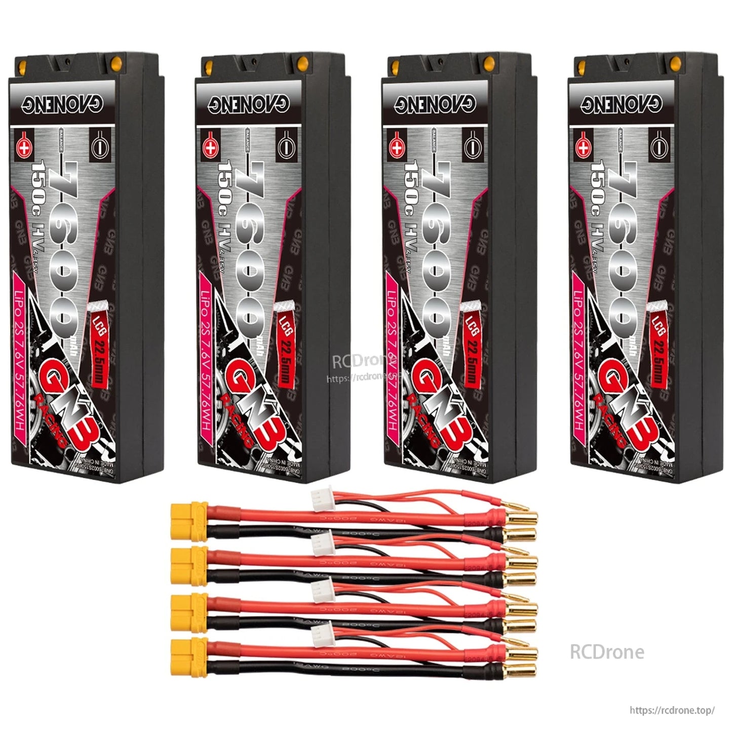 Four-pack set: four GNB hard case batteries with four yellow plug leads and 5mm bullet connectors
