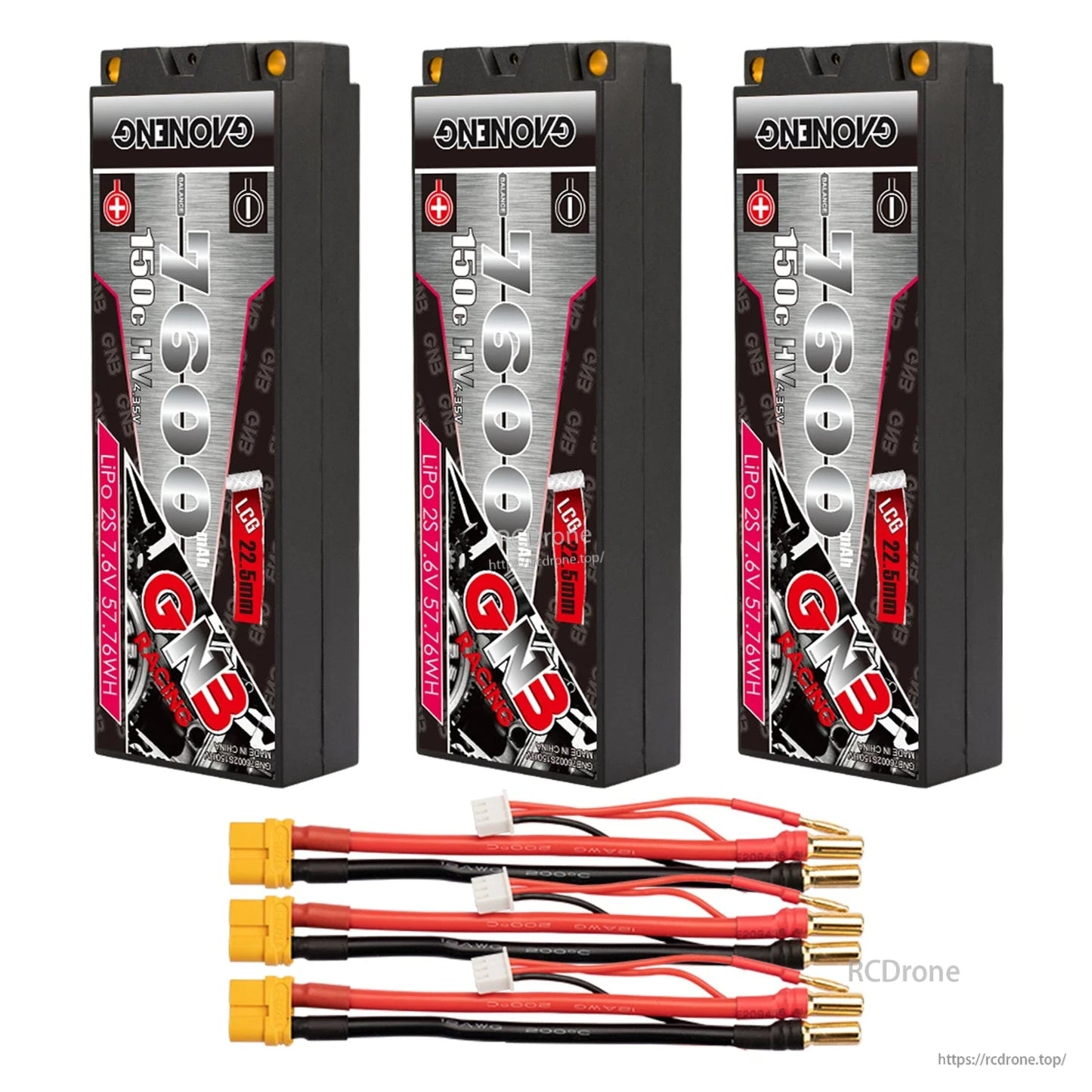 Three-pack set: three GNB 7600mAh hard case batteries with three yellow plug leads and 5mm bullets