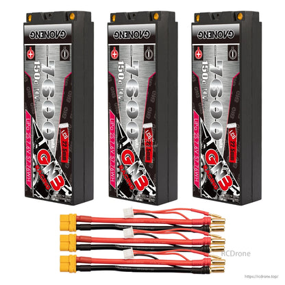 Three-pack set: three GNB 7600mAh hard case batteries with three yellow plug leads and 5mm bullets